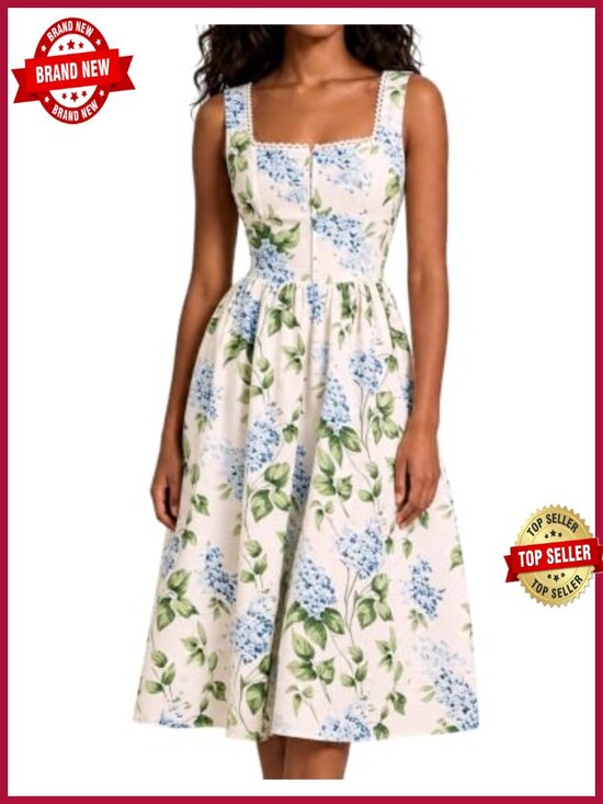 Dresses & Skirts - RIHOAS Floral Midi A-Line Sundress Square Neck Sleeveless Summer Wedding Guest
